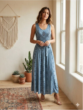 FABULOUS India Rayon Acid Wash Embroidered Maxi Dress Blue Boho Free Size (M)